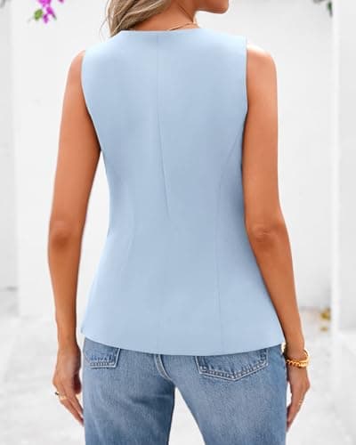 BTFBM Summer Sleeveless Blazer Vest For Women Dressy Button Down Round Neck Business Casual Outfits Work Suit Vests Tops(Light Blue, X-Small) - Thumbnail 3