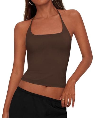 KIRUNDO Halter Tops for Women Crop Tank Going Out Tops Y2k Trendy Camisole Workout Sleeveless Backless Summer Clothes 2026(Brown, Medium) - Image 1