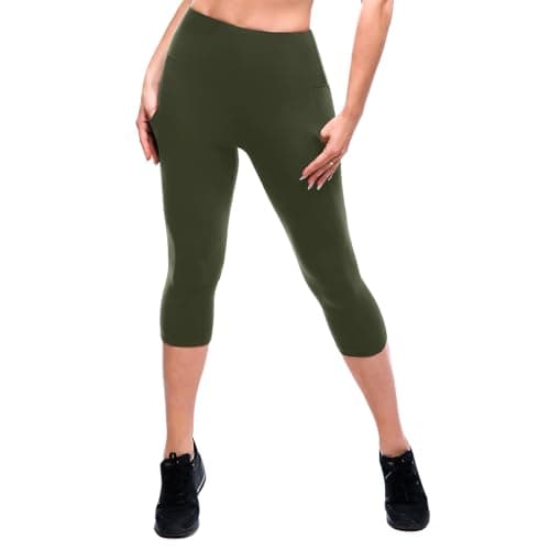 SINOPHANT High Waisted Leggings with Pockets Women, Full Length Capri Buttery Soft Stretchy Yoga Pants(Capri Army Green,S-M) - Image 1