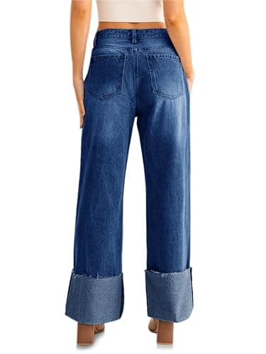 PLNOTME Womens Baggy Cuffed Jeans Casual Straight Leg Boyfriend Denim Pants with Pockets Navy - Thumbnail 4