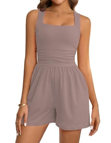 LOOKBOHO Rompers for Women 2026 Square Neck Casual Athletic Short Jumpsuits Summer Outfits with Pockets XL - Image 1