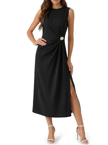 Wenrine Womens Sleeveless Ruched Maxi Dress Summer Casual Crewneck High Slit Back Zipper Long Dresses Black - Image 1