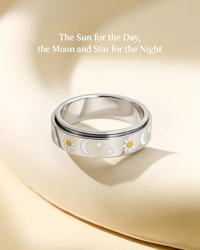 Fidget Toys Adults Ring for Women - Anxiety Stress Relief Items Quiet Spinner Gift for Birthday Sun Moon Star Rotating Jewelry Stainless Steel Silver Size 7 - Thumbnail 3