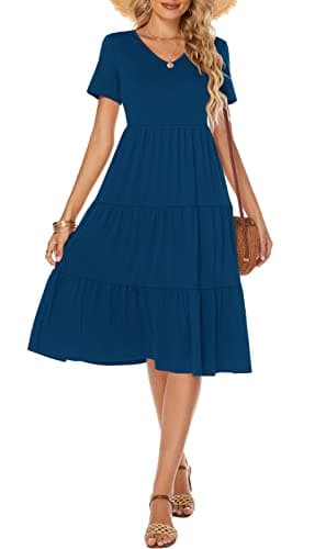 Berydress Summer Dresses for Women 2025 Short Sleeve V-Neck Casual Beach Cotton Tiered Midi Sundress (M, 6175-Deep Blue) - Thumbnail 5
