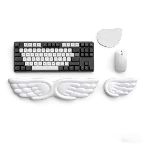 Angel Wing Wrist Rest Ergonomic Memory Foam Wrist Rest for Computer Keyboard Mouse Set with Cup Mat, Cute Gaming Keyboard Cushion Hand Support PU Leather Surface Anti-Slip Waterproof（White） - Image 1