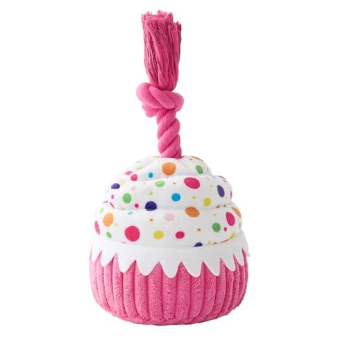 LE SURE Dog Birthday Cake Toy - Cute Squeaky Dog Toy for Gentle Chewers with Interactive Tug Rope, Plush Interactive Toy for Adult Dogs Birthday Party, Standard, Pink