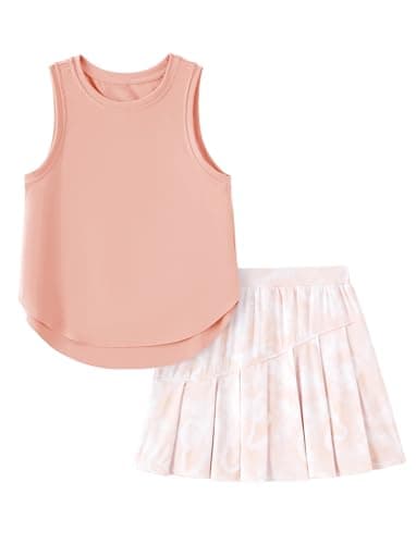PATPAT Girls 2 Piece Tennis Skirt Set Size 10-11, Pink Tank Tops and Pink Tie Dye Pleated Skirt with Built In Shorts 2 Piece Outfits Cute Clothes For Girls Workout Outfits Athletic Sets Activewear - Image 1