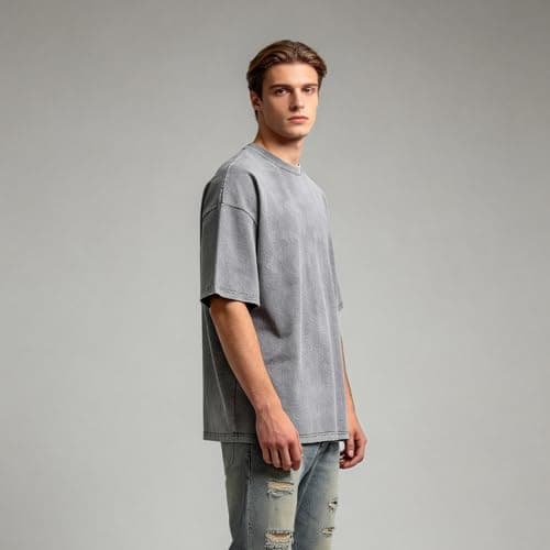 BLECIDENS Oversize Cotton T Shirts for Women Unisex Mens Acid Washed T Shirt 100% Cotton (US, Alpha, XX-Large, Regular, Regular, Grey) - Thumbnail 3