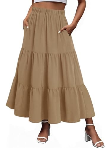 Magritta Women's Maxi Skirt High Waist Boho Floral Summer Casual Flowy Long Skirt for Beach Vacation Light Khaki X-Small - Image 1