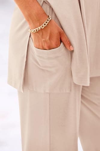 KIRUNDO 2 Piece Lounge Sets for Women Airport Travel Vacation Outfits Summer Casual Loose Short Sleeve Tops & Wide Leg Pants(Beige, X-Large) - Thumbnail 5