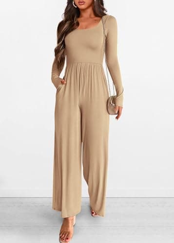 KIRUNDO Long Sleeve Jumpsuit for Women 2026 Spring Outfits Summer One Piece Square Neck Wide Leg Pants Romper With Pockets(Khaki, Large) - Thumbnail 4