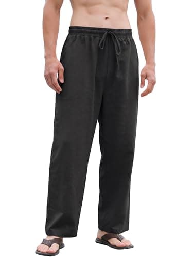 Bgylu Men's Cotton Linen Pants Casual Relaxed Fit Drawstring Waist Summer Beach Lightweight Trousers Black - Image 1