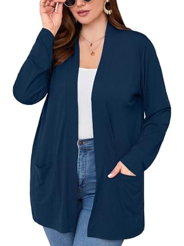 AusLook Women's Plus Size Lightweight Open Front Cardigan Dark Blue 3X Causal Long Sleeve Cover Ups Shrugs Tops Shawls and Wraps Kimono Jacket Coat - Image 1