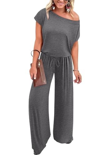 KIRUNDO Womens One Piece Off Shoulder Wide Leg Jumpsuits Casual Loose Stretchy Long Pant Rompers Jumper with Pockets 2025 Summer Work Outfits(Dark Grey, Large) - Image 1