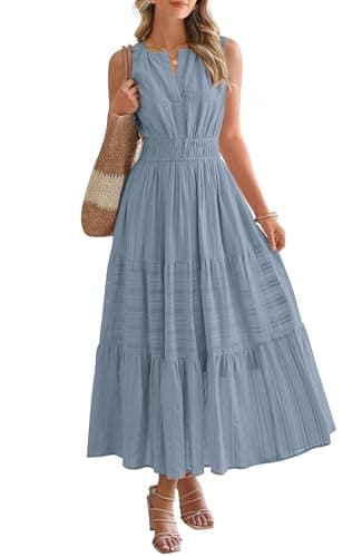 BTFBM Summer Dresses for Women 2026 Sleeveless Boho V Neck A Line Flowy Spring Casual Maxi Dress Beach Vacation Pockets(Blue Grey, Large) - Image 1