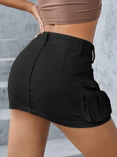EARKOHA Women's Mini Cargo Skirt Y2K Button Low Waist Short Skirts Bodycon Denim Jean Skirt with Flap Pockets Black L - Thumbnail 2