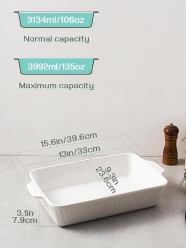 DOWAN Casserole Dish, 9x13 Ceramic Baking Dish, Large Lasagna Pan Deep for Oven, 4.2 Quarts Baking Pan with Handles, Oven Safe and Durable Bakeware for Lasagna, Home Decor, Wedding Gift, Soft White - Thumbnail 5