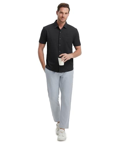 M MAELREG Button Down Shirt Men Stretch Cool Comfortable Pique Cotton Blend Plain Mens Button Up Shirt Short Sleeve Black - Thumbnail 4