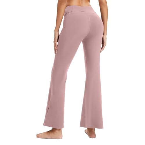 AMLEER Women's High Waist Full-Length Flare Leggings with Side Slit - Tummy Control Butt Lifting Gym Yoga Pants (Pink, X-Large) - Thumbnail 2