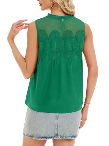 Funlingo Women's Peplum Tops Lace Babydoll Poplin Mesh Embroidered Blouse Dressy Casual Crew Neck Sleeveless Flared Mesh Shirts Green L - Thumbnail 4