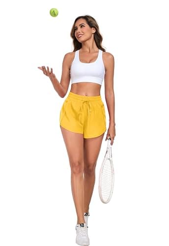 PrinStory Womens Athletic Shorts High Waisted Running Quick Dry Gym Workout Shorts with Zipper Pockets Golden Yellow-L-FBA - Thumbnail 5