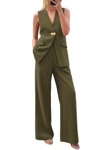 KIRUNDO Pant Suits for Women Dressy 2 Piece Sets Sleeveless Blazer Vest Wide Leg Matching Pantsuit Business Casual Outfits(Army Green, Large)