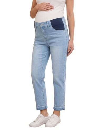 BLENCOT Women Maternity Jeans High Waisted Casual Frayed Straight Leg Skinny Stretchy Denim Ankle Bottoms Pregnancy Work Pants with Pockets X-Large Beau Blue - Image 1