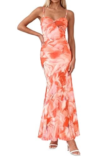 BTFBM Summer Dresses for Women 2026 Spaghetti Straps Sundress Twist Knot Mesh Mermaid Wedding Guest Dress Beach Vacation(Watercolour Orange, X-Large) - Image 1