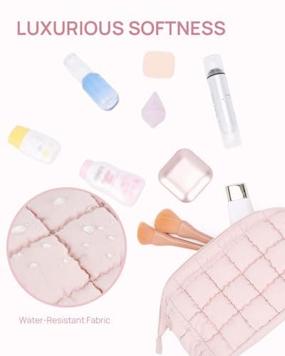 Telena Puffer Makeup Bags for Women, Nylon Puffy Padded Make Up Bags for Women Makeup Organizer Case, Wide-open Makeup Pouch Travel Essentials (Pink-2) - Thumbnail 2