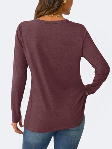 GKBK Women's Long Sleeve Shirts Casual Crewneck Tops Fall Fashion Soft Basic Tee for Work Business Wine Red - Thumbnail 4