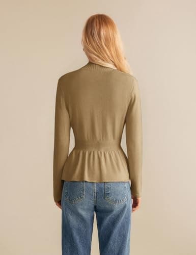 GRACE KARIN Women Cardigan Sweaters 2025 Fall,Long Sleeve Cropped Sweater Coat Trendy,Button Front Peplum Tops Lightweight Khaki - Thumbnail 5