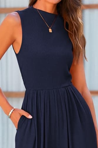 PRETTYGARDEN Womens Summer Jumpsuits Dressy Casual One Piece Outfits Sleeveless Mock Neck Wide Leg Pants Rompers with Pockets (Navy,Medium) - Thumbnail 5