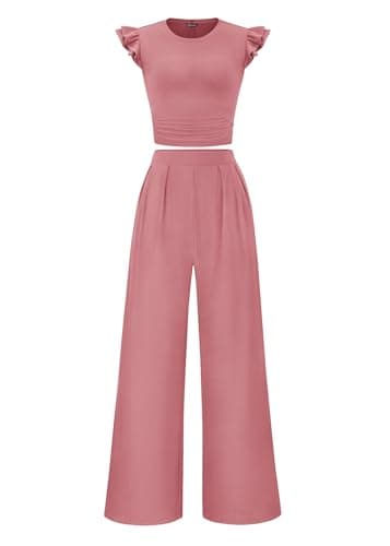 KIRUNDO Two Piece Sets For Women Dressy 2026 Summer Cap Sleeve Cute Tops Wide Leg Pants Spring Matching Set Vacation Outfits(Pink, X-Large) - Image 1