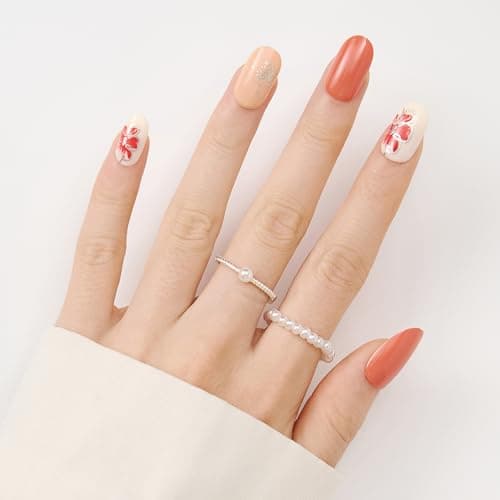 short round press on nails orange - floral acrylic fake nails salon quality reusable tips for women, perfect DIY manicure at home, 24 Nails in 12 Sizes - Image 1