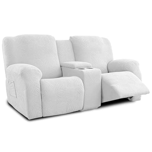 Cushonix Recliner Loveseat Covers with Console,Stretch Geometric Strokes Jacquard Reclining Chair Slipcovers,Seamless Furniture Protector,Soft Breathable Couch Cover for Pets Kids,White - Image 1