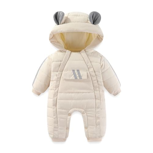 JiAmy Baby Snowsuit Baby Bear Hooded Winter Outfit Double Girl Boy Zipper Winter Clothes Romper White 3-6 Months - Image 1