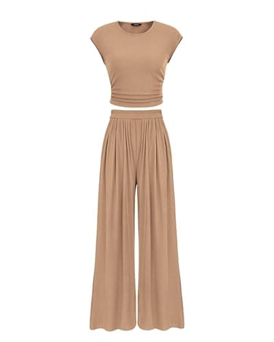 PRETTYGARDEN Women's Summer 2 Piece Outfits 2026 Cap Sleeve Ruched Slim T Shirt Ribbed Knit Wide Leg Pant Sets Tracksuit(Camel,X-Large) - Image 1