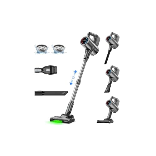 Cordless Vacuum Cleaner, 500W/40KPA Lightweight Stick Vacuum up to 40 mins Runtime, LED Display and Green Headlights, 6-Stages Filtration, Self-Standing Vacuum for Home Hard Floor, Carpet and Pet Hair