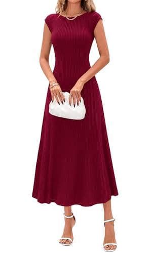 BTFBM Womens Summer Dresses 2026 Asymmetrical Neck Short Sleeve Pleated Knit Spring Sweater Midi Dress Business Casual(Burgundy, Large) - Image 1