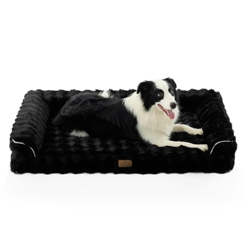 Faux Fur Orthopedic Dog Bed, Extra Large Dog Bed, Supportive Foam Pet Sofa with Waterproof Lining Cover, Washable U-Shaped Pet Couch with Anti-Slip Bottom Design, Black XXL 48x32x8 inch
