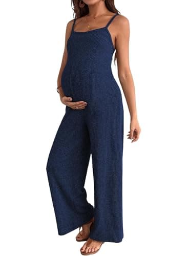 BLENCOT Women's Jumpsuits Casual Ribbed Adjustable Strap Sleeveless Wide Leg Long Pants Maternity Jumpsuit Navy Blue Small - Image 1