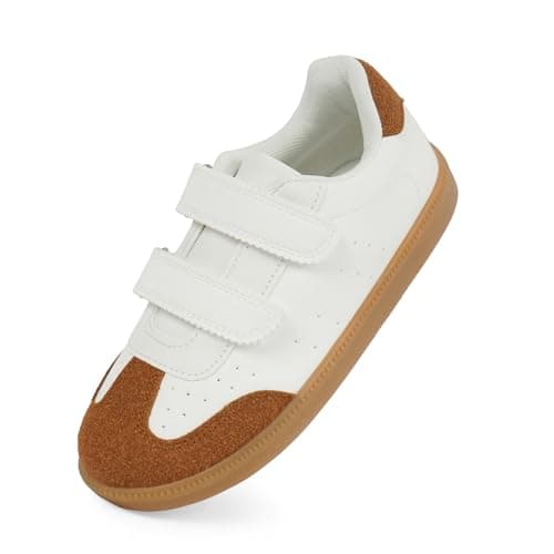 QIY Sneakers for Boys Toddler Kids White Brown Boys Sneakers Soft Tennis Walking Sports Kids Shoes with Dual Hook and Loops