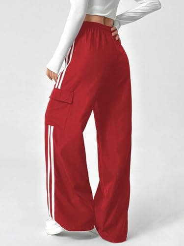 ZAFUL Womens Parachute Pants Y2K Wide Leg Cargo Sweatpants Drawstring Waist Jogger Pants with Pockets 2-Red L - Thumbnail 2
