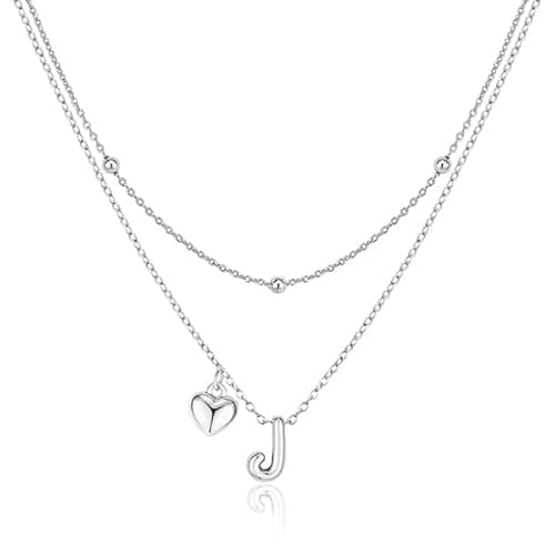 adoyi Silver Heart Initial Necklaces for Women 14k Gold Plated Layered bubble Letter Necklace Dainty Heart J Pendant Necklace Stack Birthday Valentines Gifts for Women Jewelry - Image 1