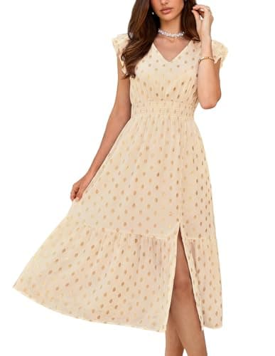 A Line Dresses for Women 2025 Gold Dots Summer Dress Midi Cocktail Dress V Neck Ruffle Cap Sleeve Flowy Dresses Slit Tiered Beige M - Image 1