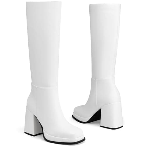 CELLENZ Women Knee High Boots: Comfortable Square Toe Boots - Platform Heel Long Boot Womens - White Fall Knee High Boot Casual Weekend Size 6.5 - Thumbnail 5