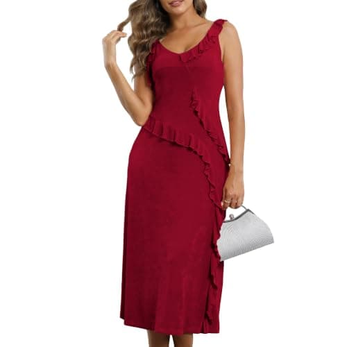 F·Y·YIYI Women's Sleeveless V-Neck Ruffled Midi Dress, Burgundy, Small - Image 1