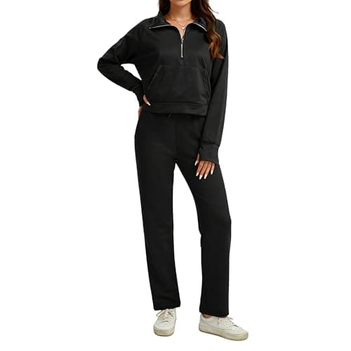 Anyshe Women's 2 Piece Sweatsuit Set Lounge Set Half Zip Sweatshirt with Kangaroo Pocket Thumb Holes Wide Leg Drawstring Pants Casual Tracksuit for Travel Daily Wear, Black, Large - Image 1