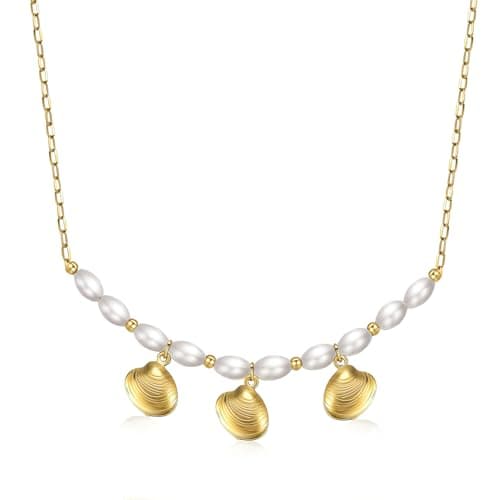 Seashell Necklace for Women: 3-Piece Boho Pendant with 10 Simulated Pearls, 14K Gold Plated on Stainless Steel Chain | Cute Beach Jewelry Gift for Summer - Image 1