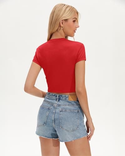 Stelle Women's Crop Tops Crew Neck Short Sleeve T Shirts Casual Basic Tshirts Shirts Going Out Tee Tops Red Large - Thumbnail 4